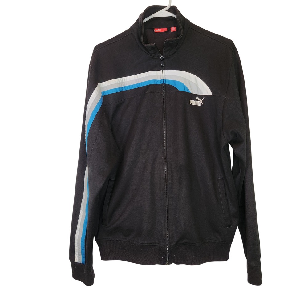 Puma Mens Full Zip Track Jacket Black Blue White Stripe‎ Mock Neck Large